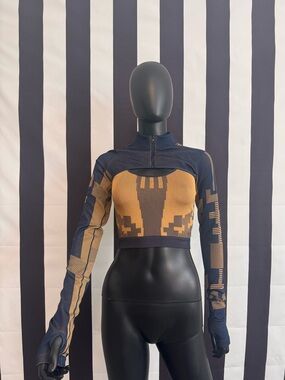 adidas Navy and Tan Geometric Crop Zip-Front Sleeves and Sports Bra